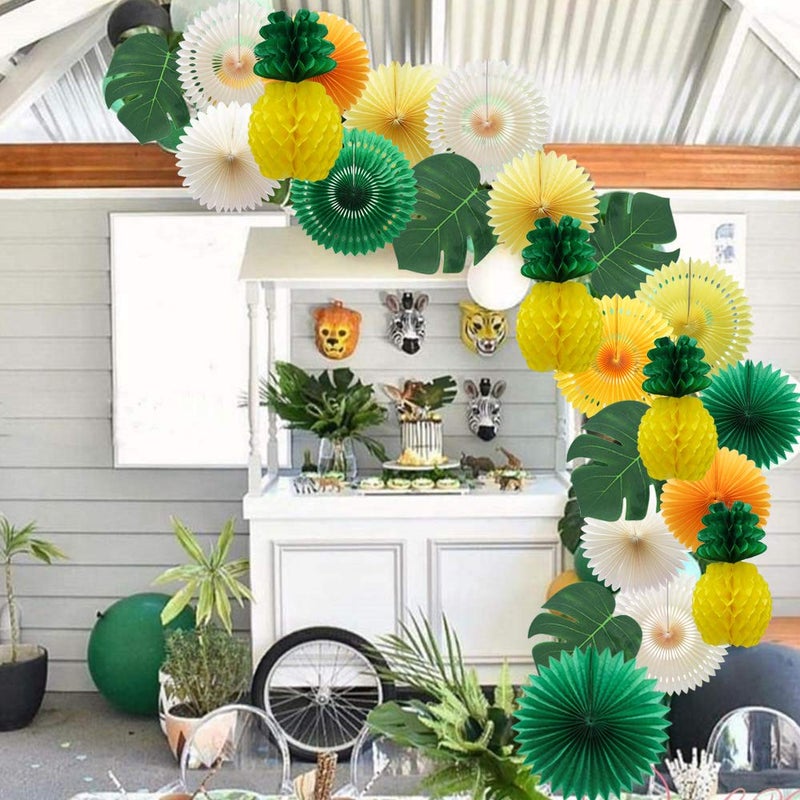 MEIDUO Summer Pineapple Party Decoration, Hawaiian Party Supplies Tropical Palm Leaves Honeycomb Pineapple Hanging Paper Fans for Adults Kids Birthday Baby Shower Bachelorette (Yellow) - Image 3
